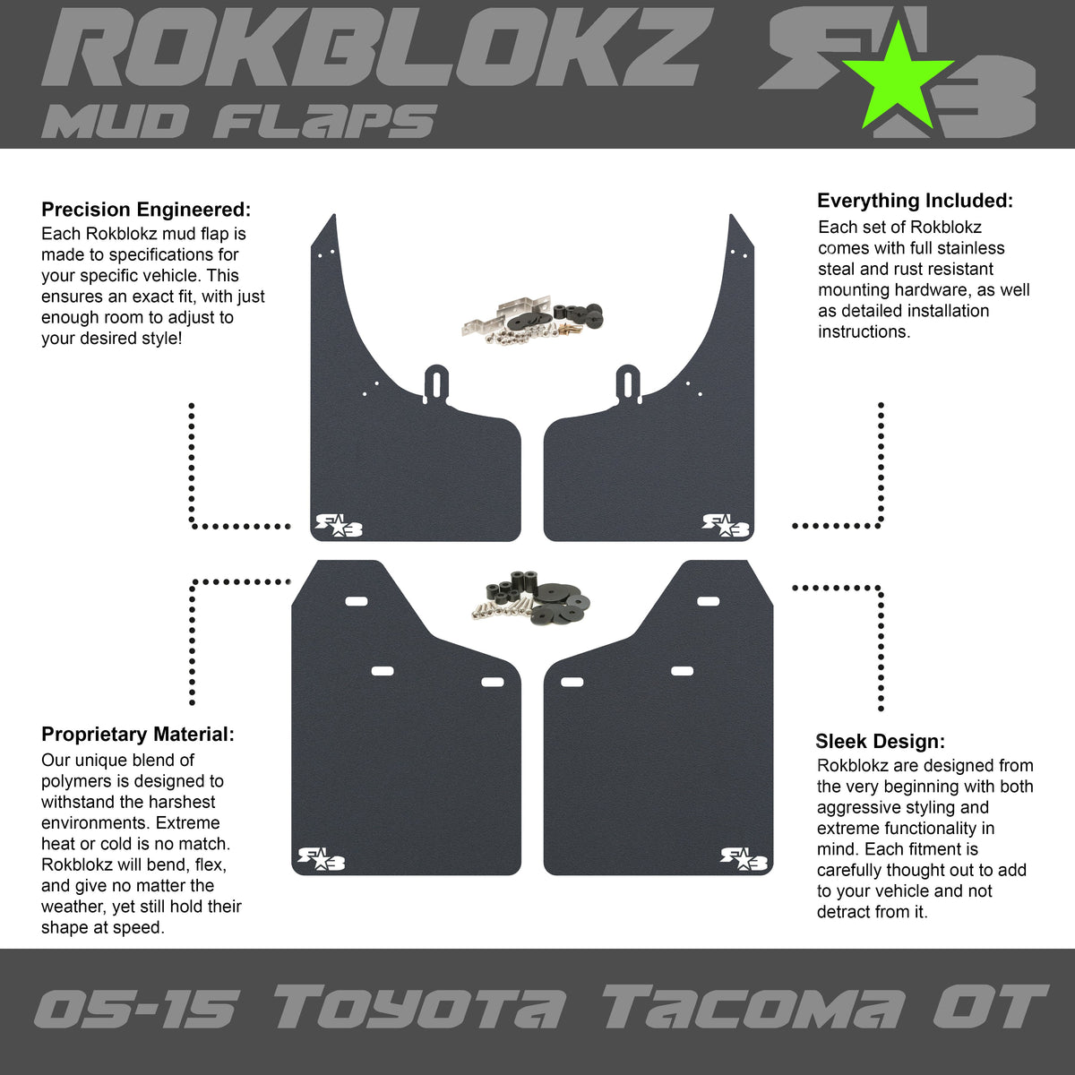 RokBlokz - Toyota Tacoma (2nd Gen) 2005-2015 Mud Flaps for Over-Sized Tires