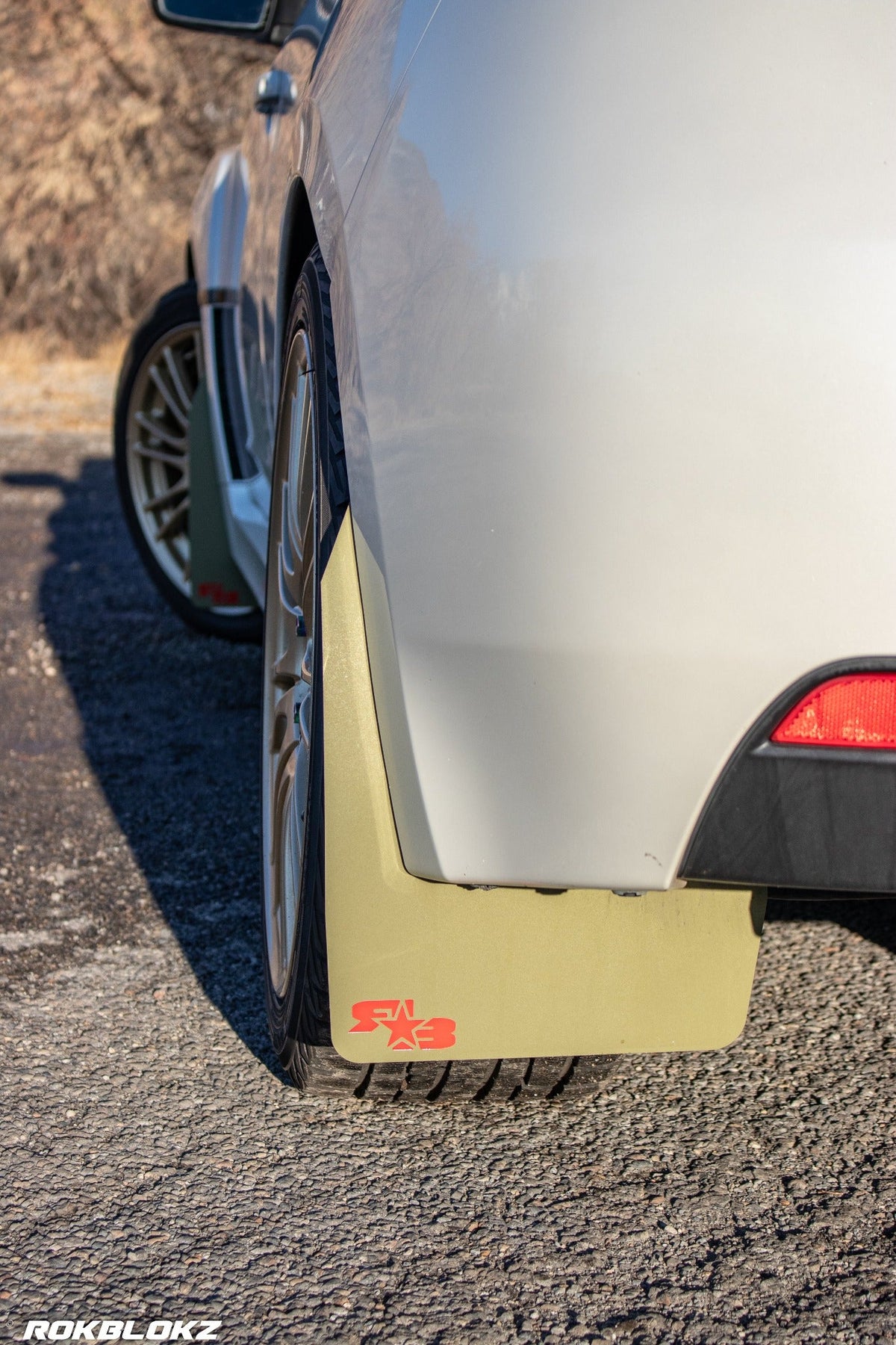 08-14 STI Hatch featuring Rokblokz Rally style Mud flaps in Olive Drab/red logo Original