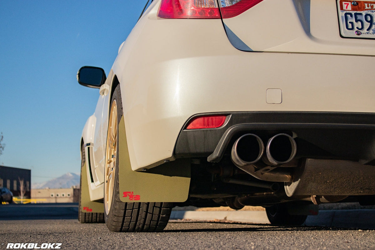 08-14 STI Hatch featuring Rokblokz Rally style Mud flaps in Olive Drab/red logo Original