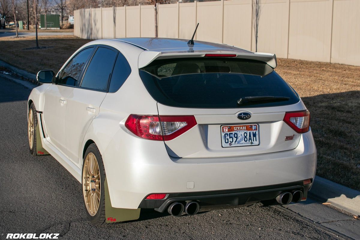 08-14 STI Hatch featuring Rokblokz Rally style Mud flaps in Olive Drab/red logo Original