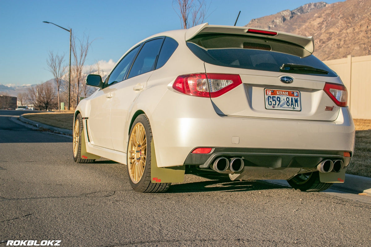 08-14 STI Hatch featuring Rokblokz Rally style Mud flaps in Olive Drab/red logo Original