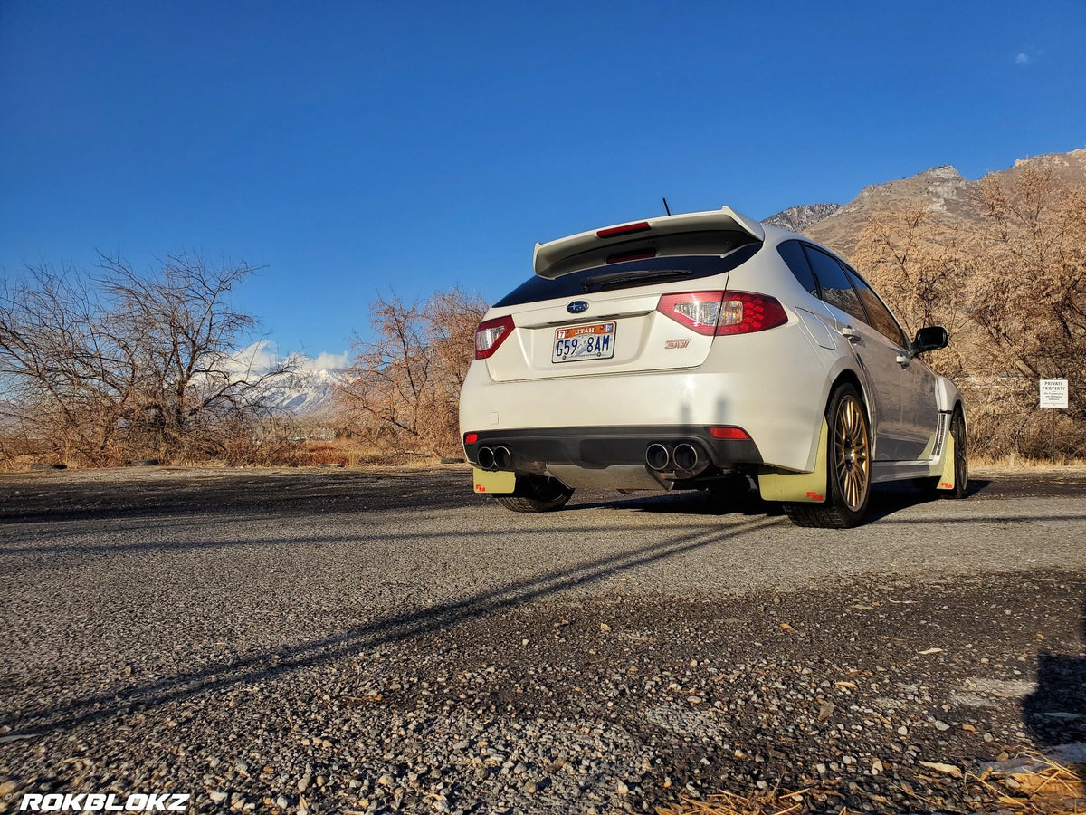 08-14 STI Hatch featuring Rokblokz Rally style Mud flaps in Olive Drab/red logo Original