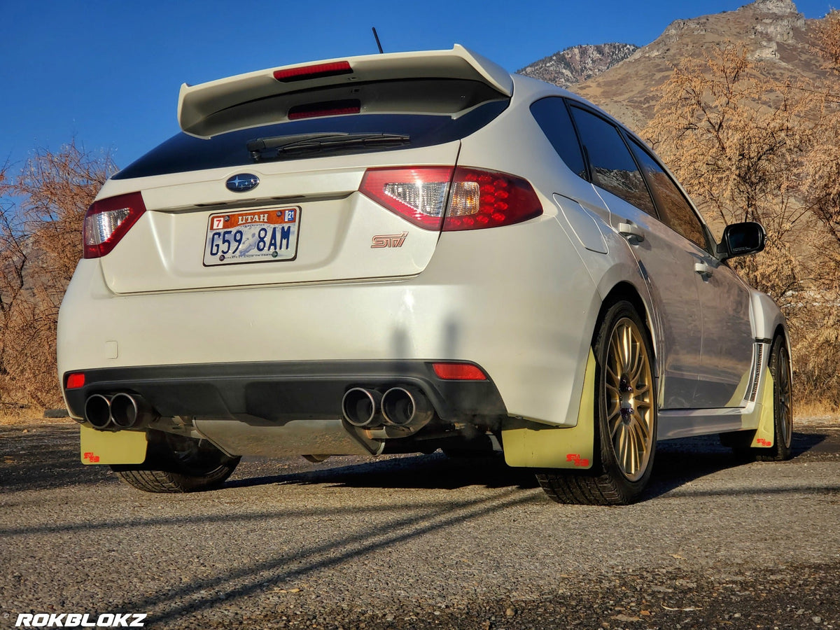 08-14 STI Hatch featuring Rokblokz Rally style Mud flaps in Olive Drab/red logo Original