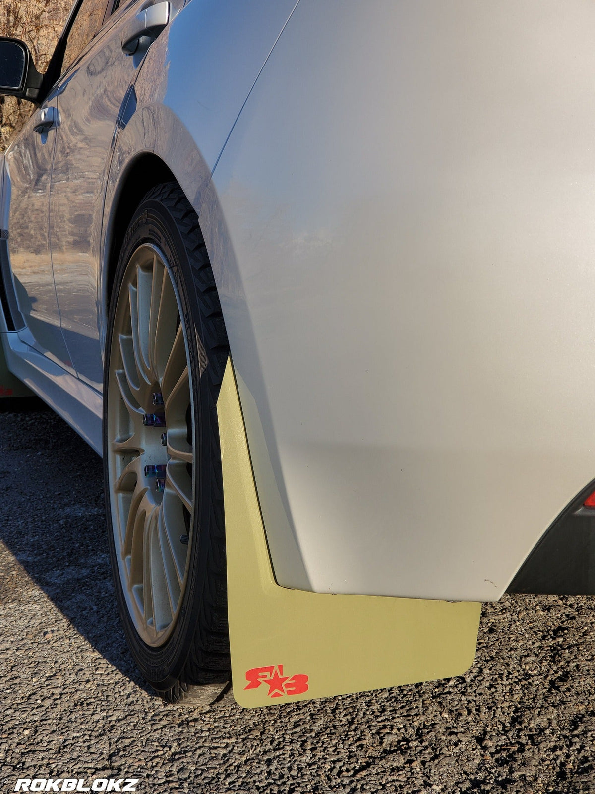 08-14 STI Hatch featuring Rokblokz Rally style Mud flaps in Olive Drab/red logo Original