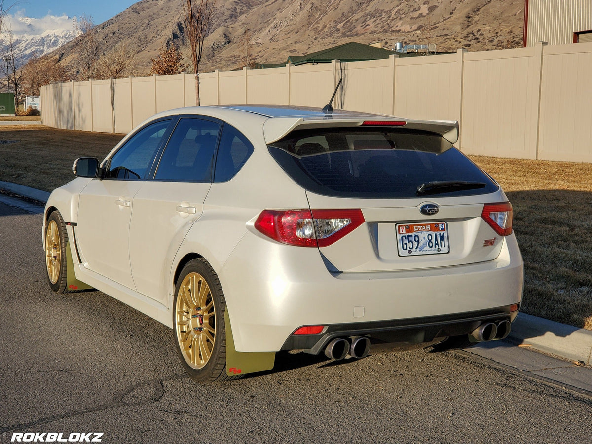 08-14 STI Hatch featuring Rokblokz Rally style Mud flaps in Olive Drab/red logo Original