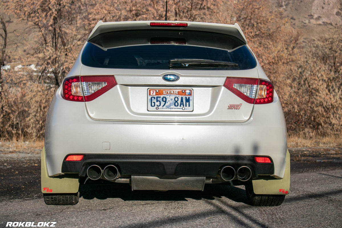 08-14 STI Hatch featuring Rokblokz Rally style Mud flaps in Olive Drab/red logo Original