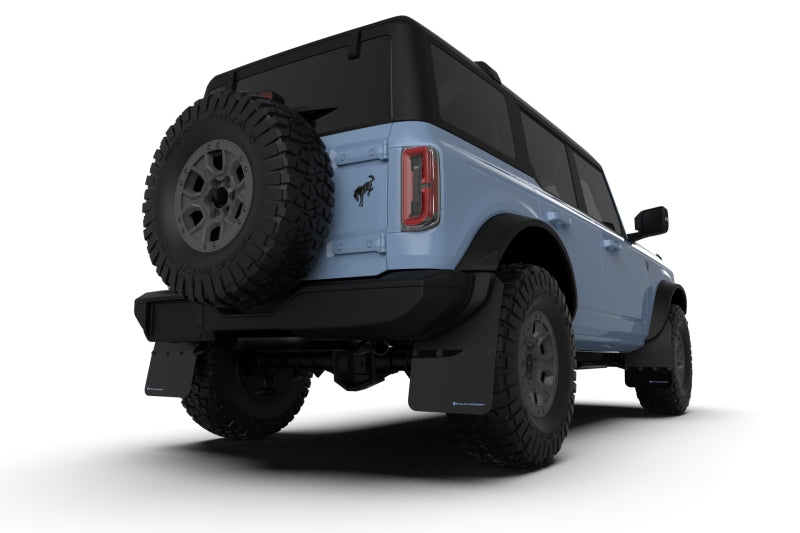 Rally Armor 21+ Ford Bronco (Plstc Bmpr - NO Rptr/Sprt - NO RR/RB) Blk Mud Flap w/Area Blue Logo