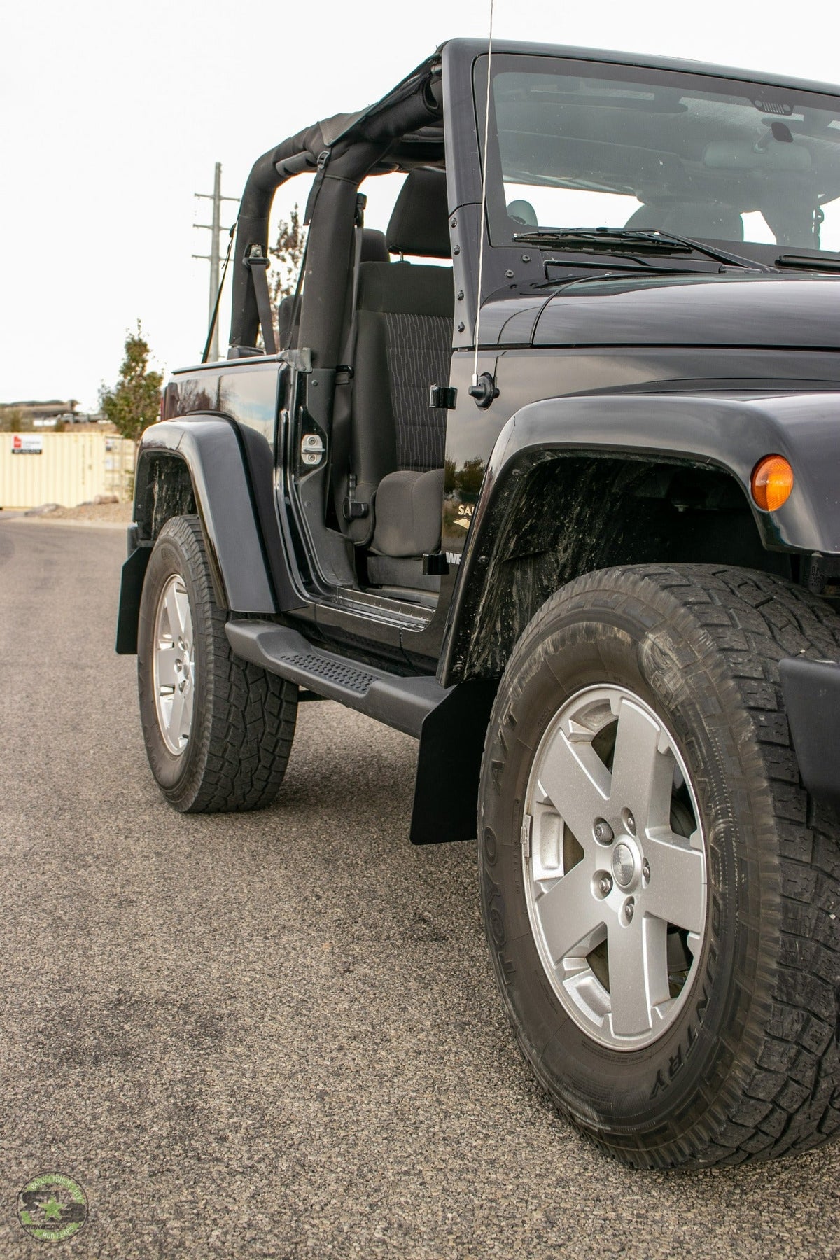 JK Wrangler FT. Rokblokz Quick Detach Mud Flaps in Original - from front