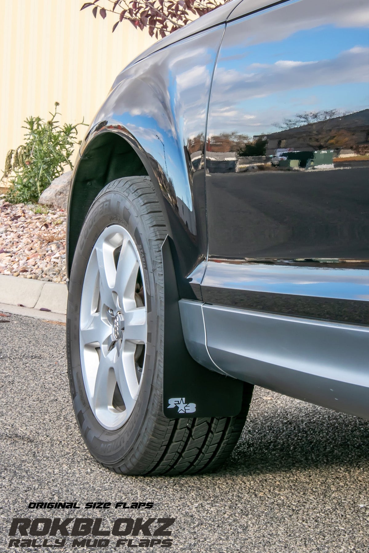 2013 Audi Q7 Ft Rokblokz Rally Mud Flaps in Black - front