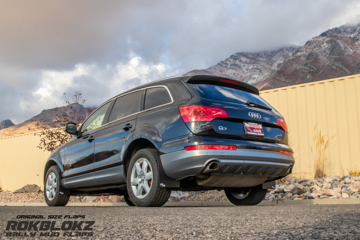 2013 Audi Q7 Ft Rokblokz Rally Mud Flaps in Black - 3/4 view 2