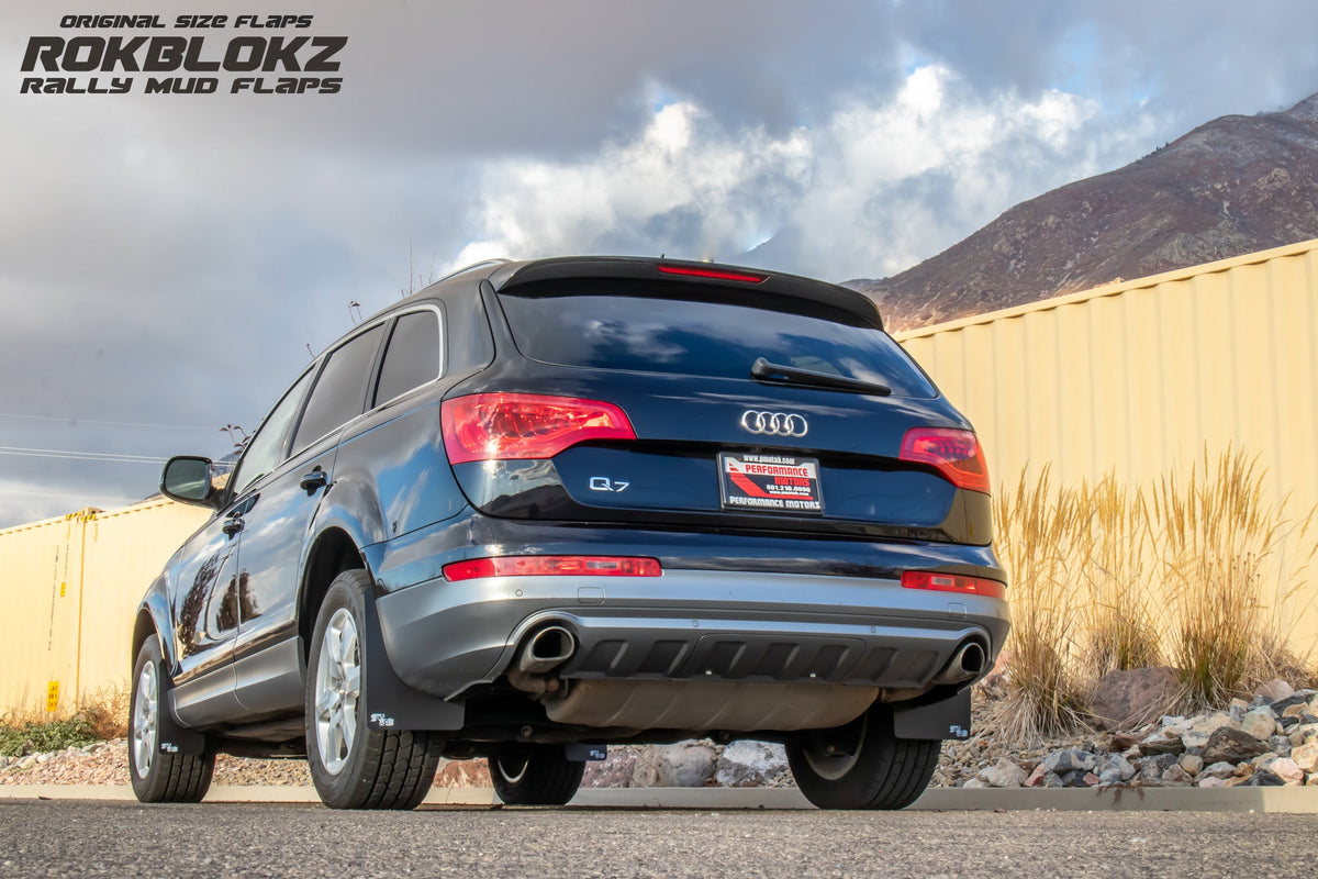 2013 Audi Q7 Ft Rokblokz Rally Mud Flaps in Black - 3/4 view