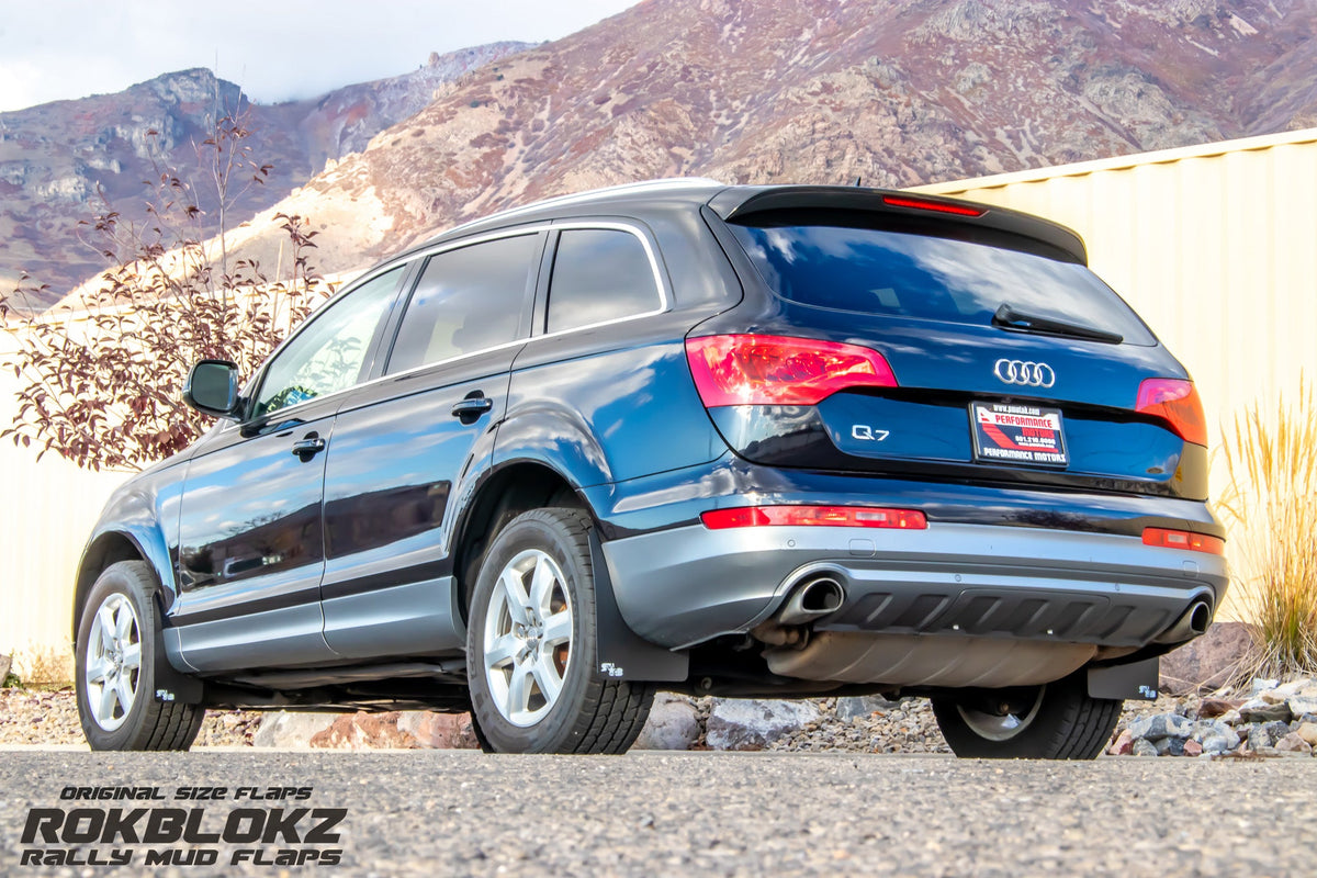 2013 Audi Q7 Ft Rokblokz Rally Mud Flaps in Black - 3/4 view 3