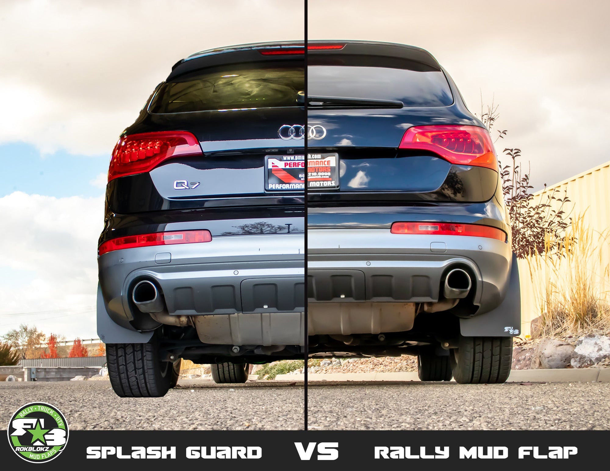 Rokblokz 10-15 Audi Q7 Rally Flap size VS. Splash Guard - Rear View