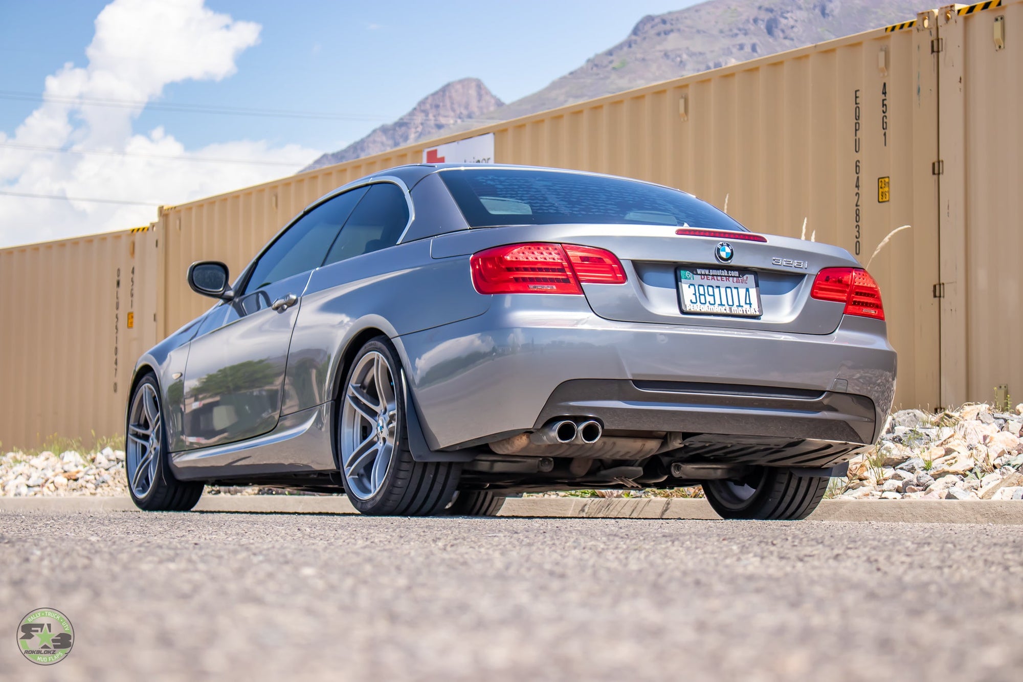 2013 BMW E93 328i Ft. Rokblokz Splash Guards rear 3/4 view