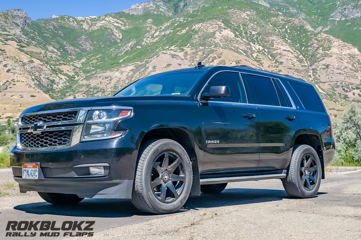 2015 Chevy Tahoe Ft. Rokblokz Mud Flaps in black - front view