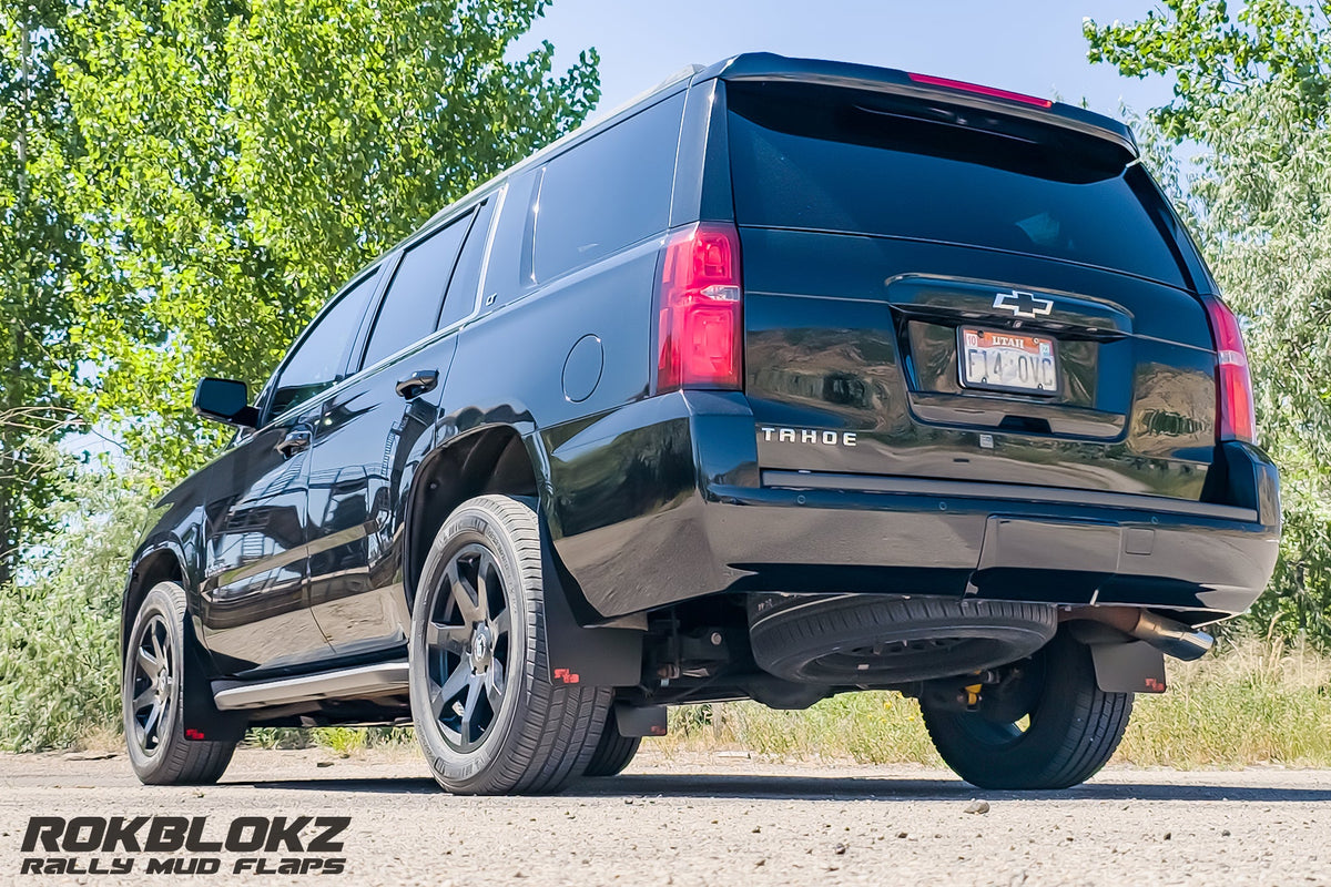 2015 Chevy Tahoe Ft. Rokblokz Mud Flaps in Black - Rear 3/4 view