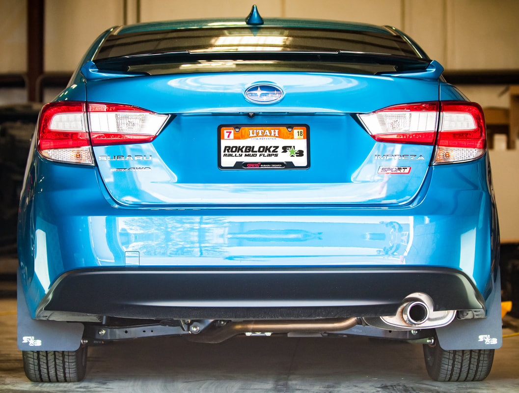 17 Impreza featuring Rokblokz Mud Flaps in Black w/ White logo Original 