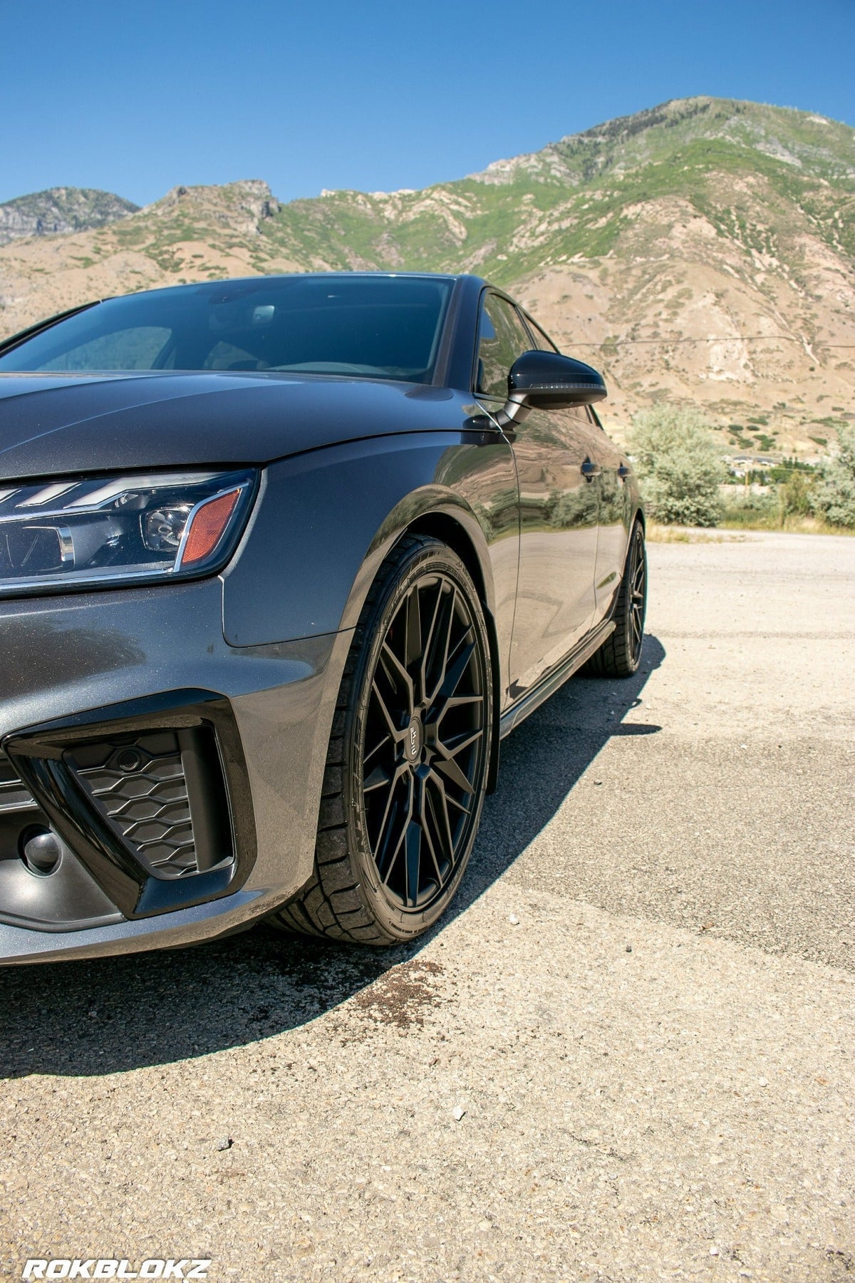 2021 Audi S4 featuring Rokblokz Rally Style Mud flaps in Black with Grey logo