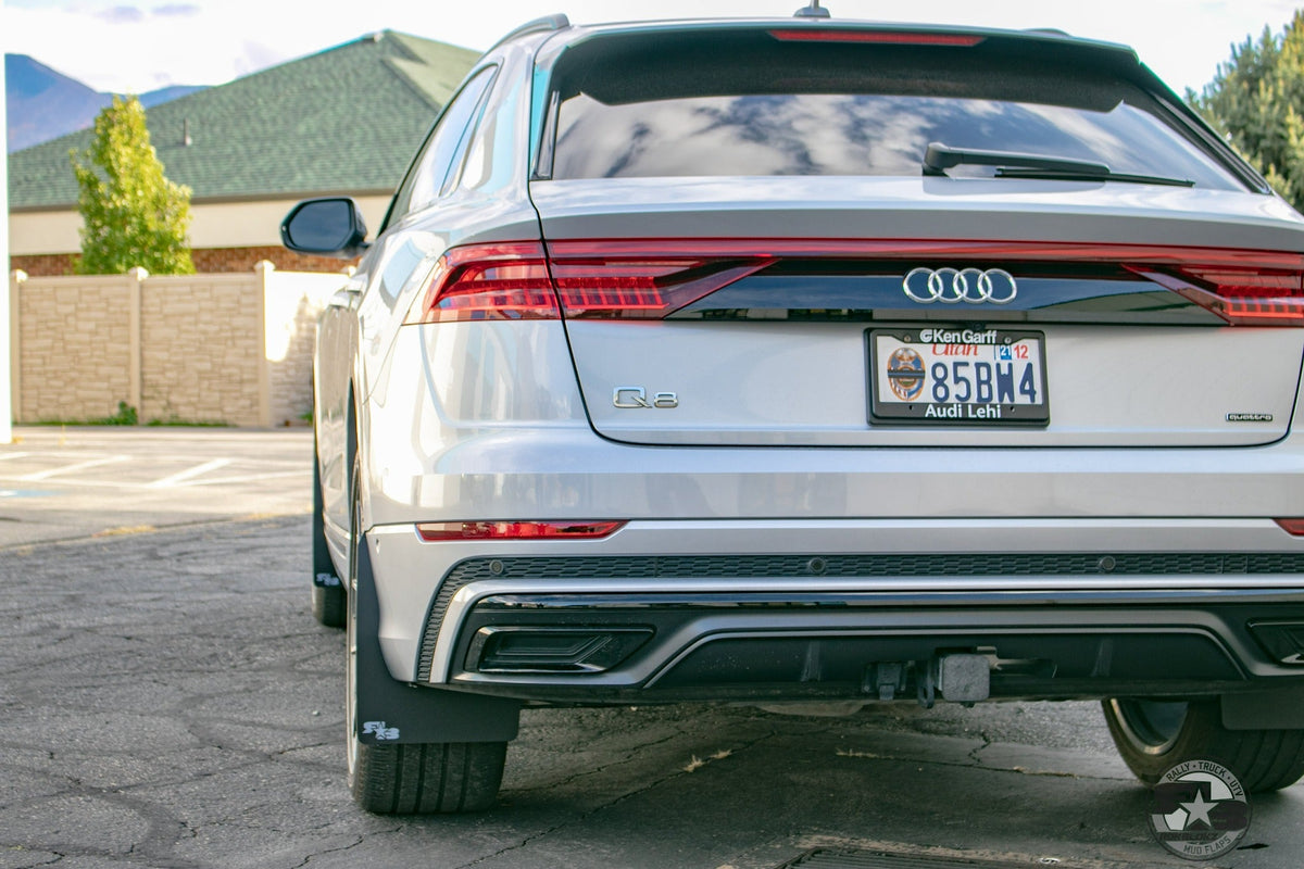 2019 Audi Q8 ft Rokblokz Mud Flaps Original Black w/ white logo