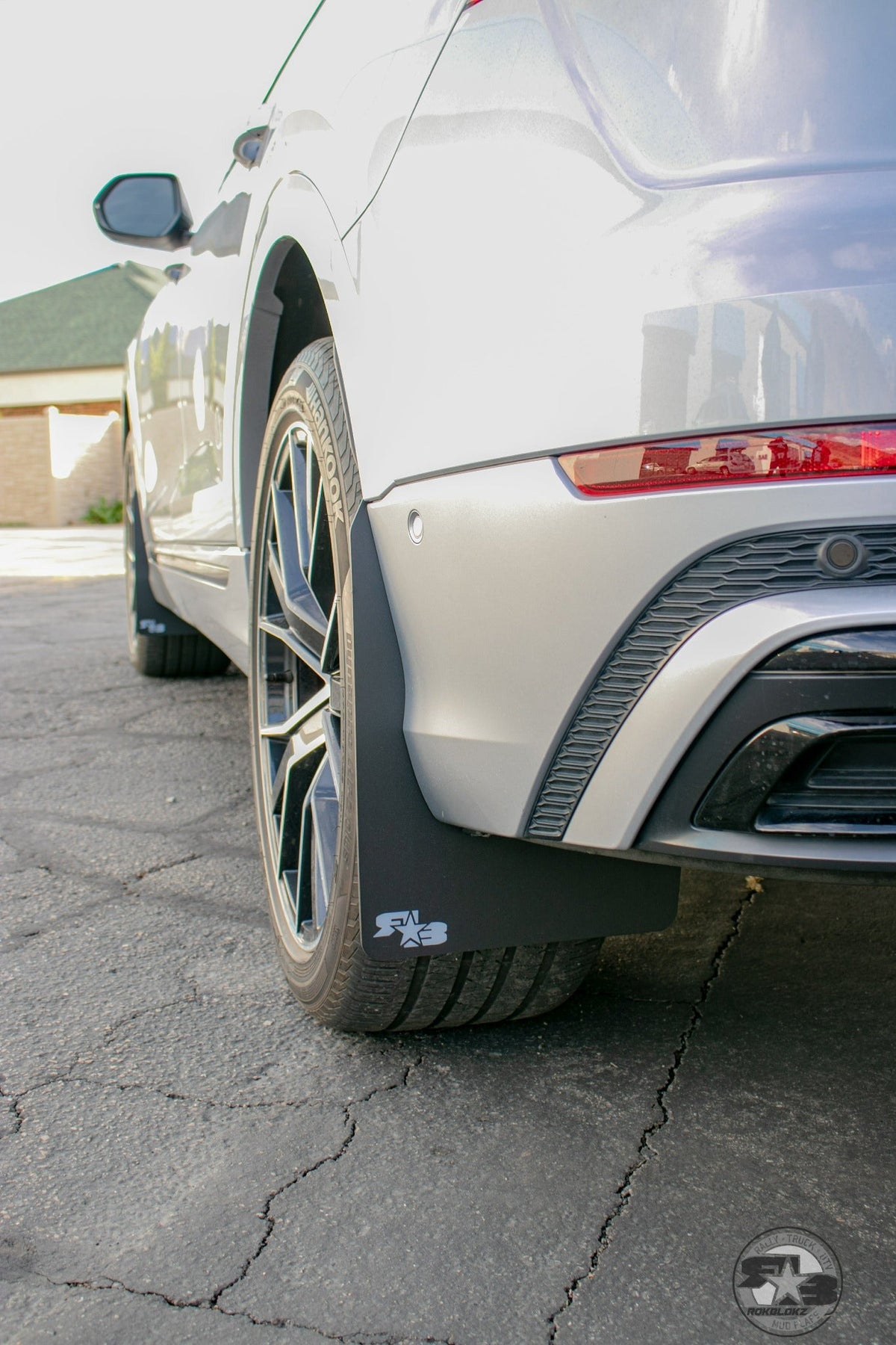 2019 Audi Q8 ft Rokblokz Mud Flaps Original Black w/ white logo