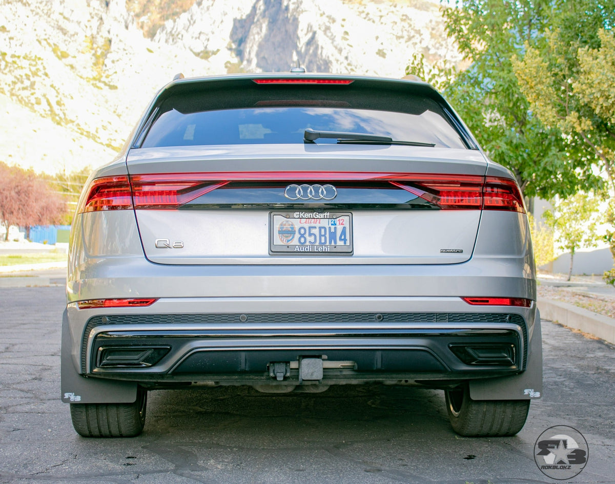 2019 Audi Q8 ft Rokblokz Mud Flaps Original Black w/ white logo