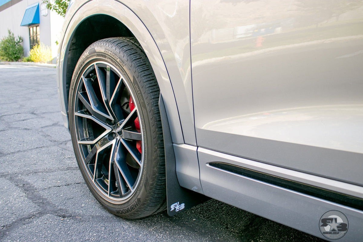 2019 Audi Q8 ft Rokblokz Mud Flaps Original Black w/ white logo