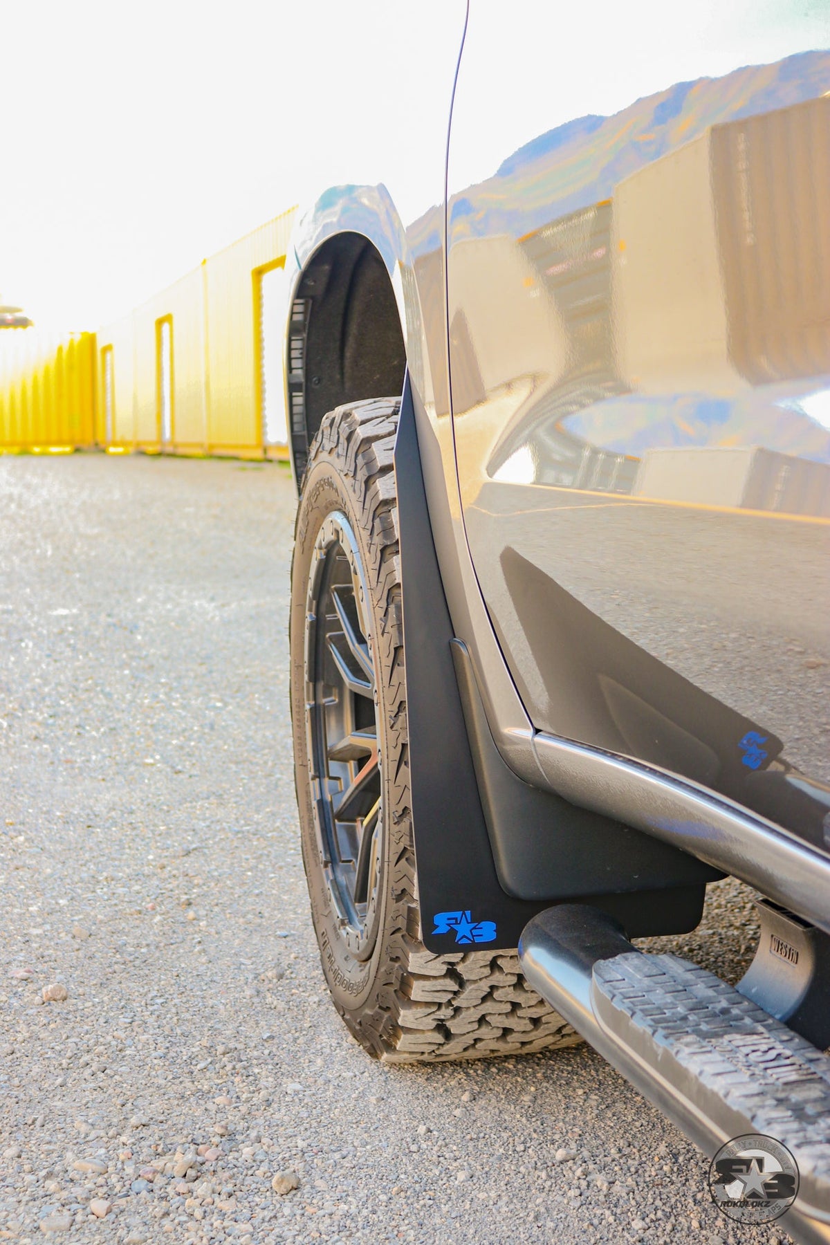 2019 Chevy Silverado ft Rokblokz Mud Flaps in Black with Blue Logos