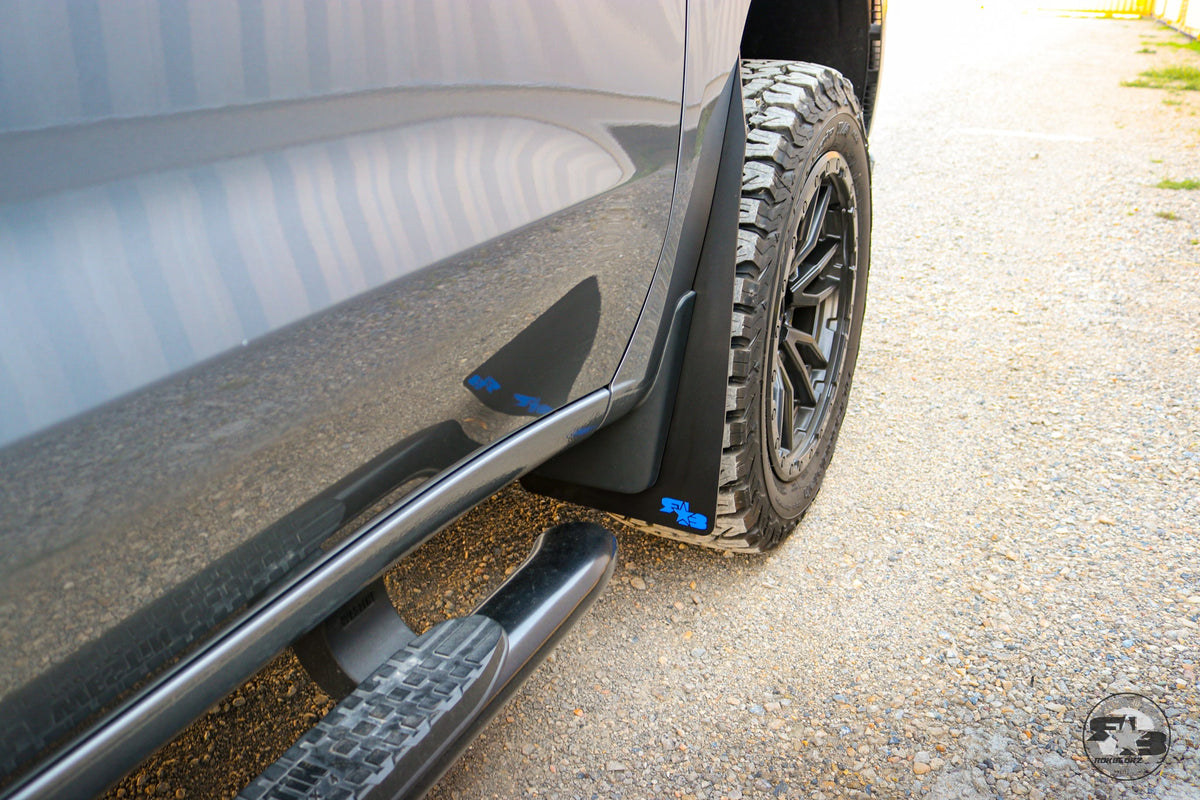 2019 Chevy Silverado ft Rokblokz Mud Flaps in Black with Blue Logos