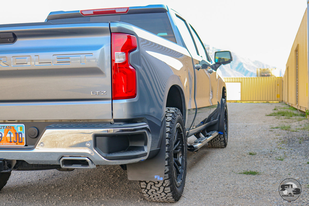 2019 Chevy Silverado ft Rokblokz Mud Flaps in Black with Blue Logos