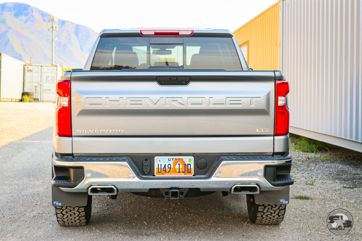 2019 Chevy Silverado ft Rokblokz Mud Flaps in Black with Blue Logos