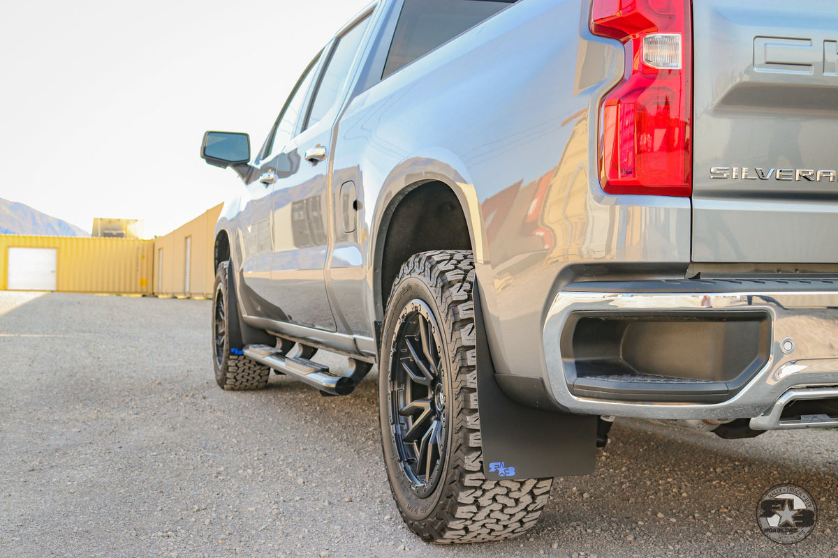 2019 Chevy Silverado ft Rokblokz Mud Flaps in Black with Blue Logos