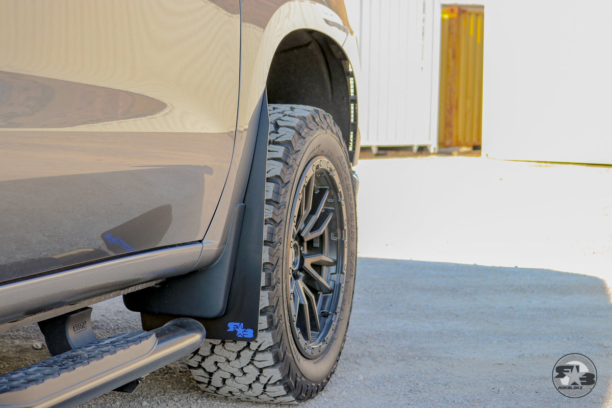 2019 Chevy Silverado ft Rokblokz Mud Flaps in Black with Blue Logos