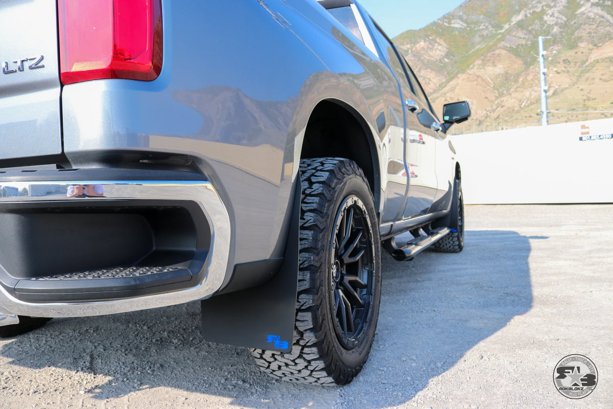 2019 Chevy Silverado ft Rokblokz Mud Flaps in Black with Blue Logos