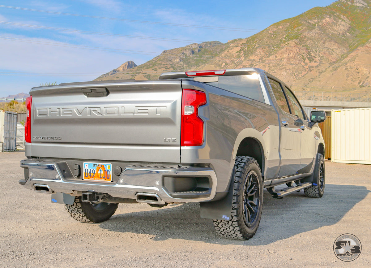 2019 Chevy Silverado ft Rokblokz Mud Flaps in Black with Blue Logos