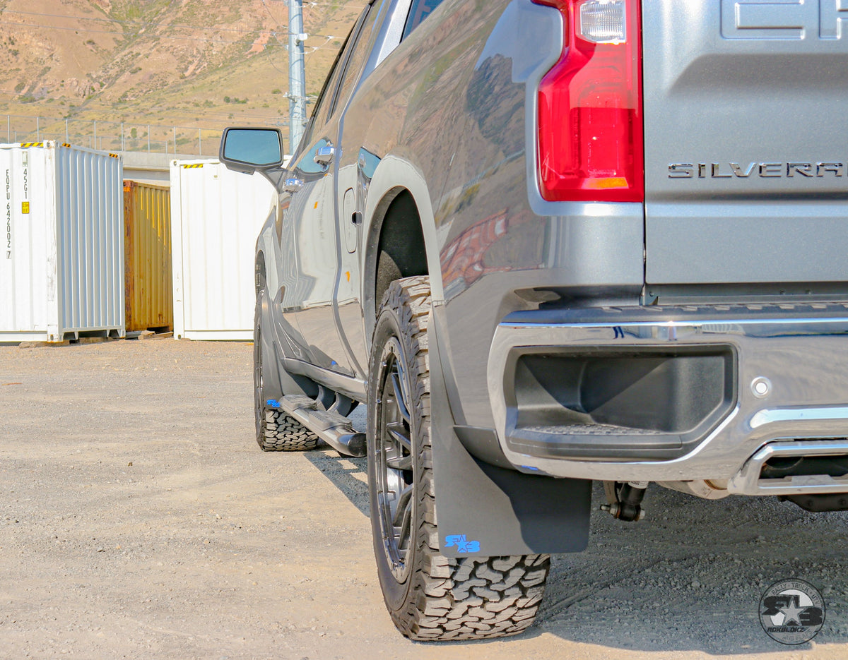 2019 Chevy Silverado ft Rokblokz Mud Flaps in Black with Blue Logos