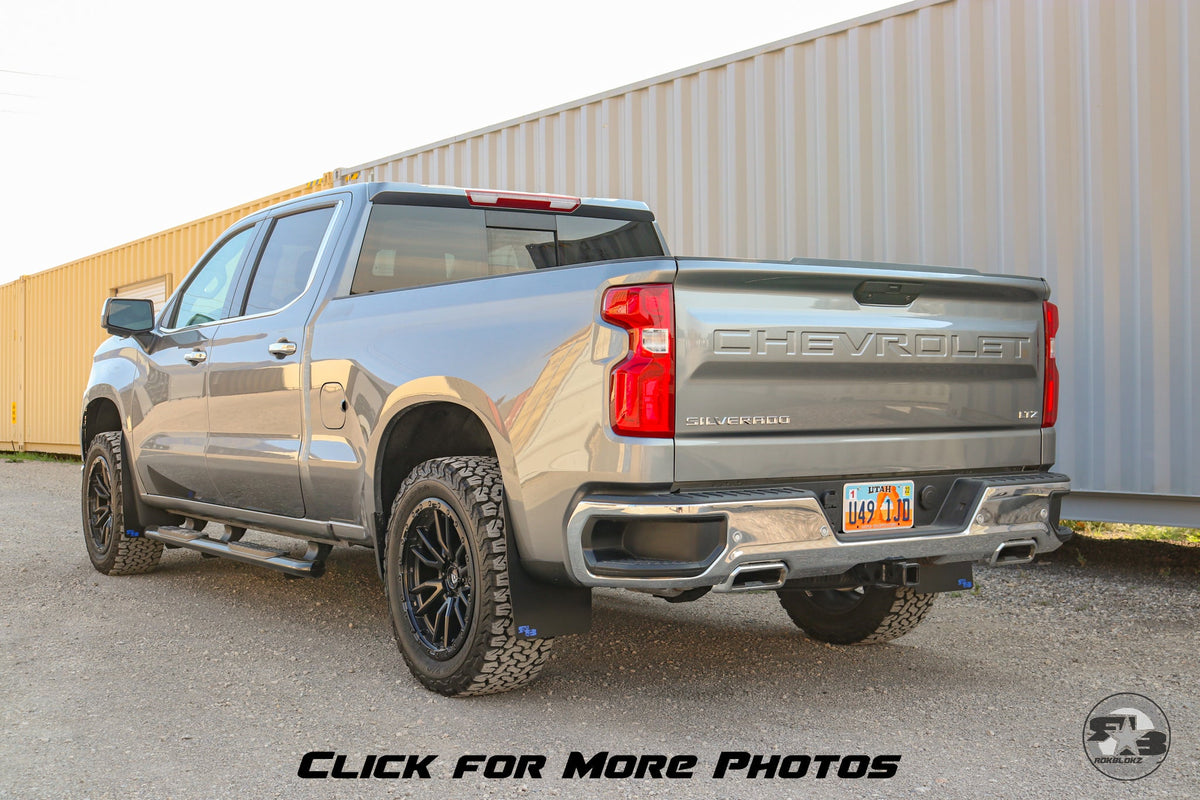 2019 Chevy Silverado ft Rokblokz Mud Flaps in Black with Blue Logos