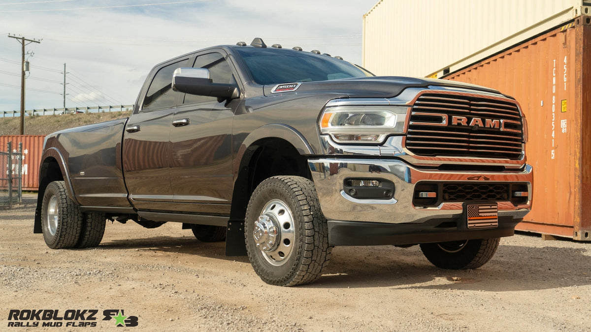 2019 Ram 3500 Dually Featuring ROKBLOKZ Step Back Mud Flaps - front view