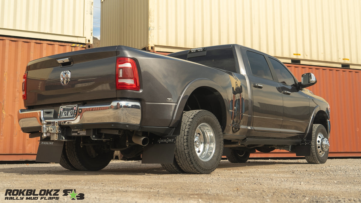 2019 Ram 3500 Dually Featuring ROKBLOKZ Step Back Mud Flaps - full view