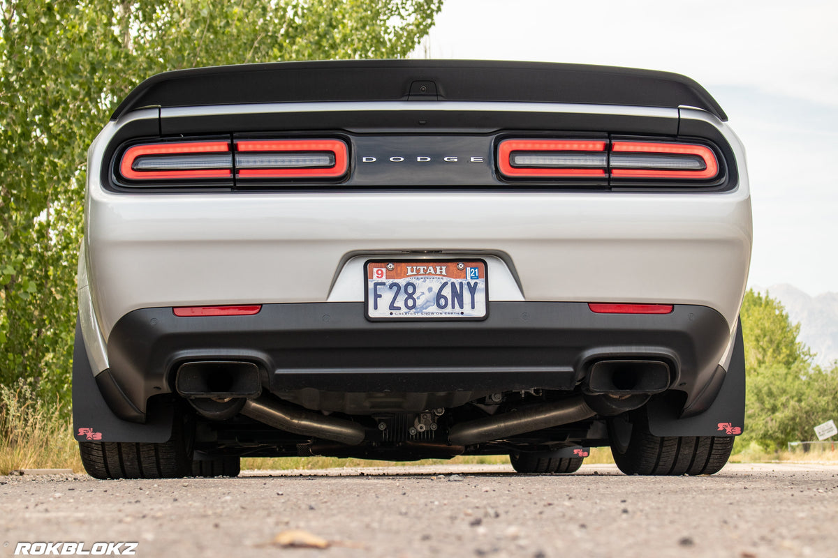 2020 Challenger Hellcat Widebody featuring Rokblokz Rally Style Flaps in Black w/ Red Logo