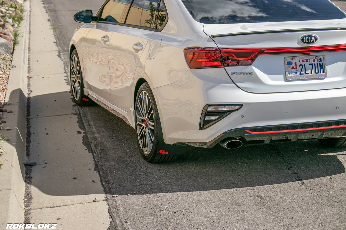 2020 Kia Forte GT Featuring Rokblokz Mud Flaps in Black w/ Red logo