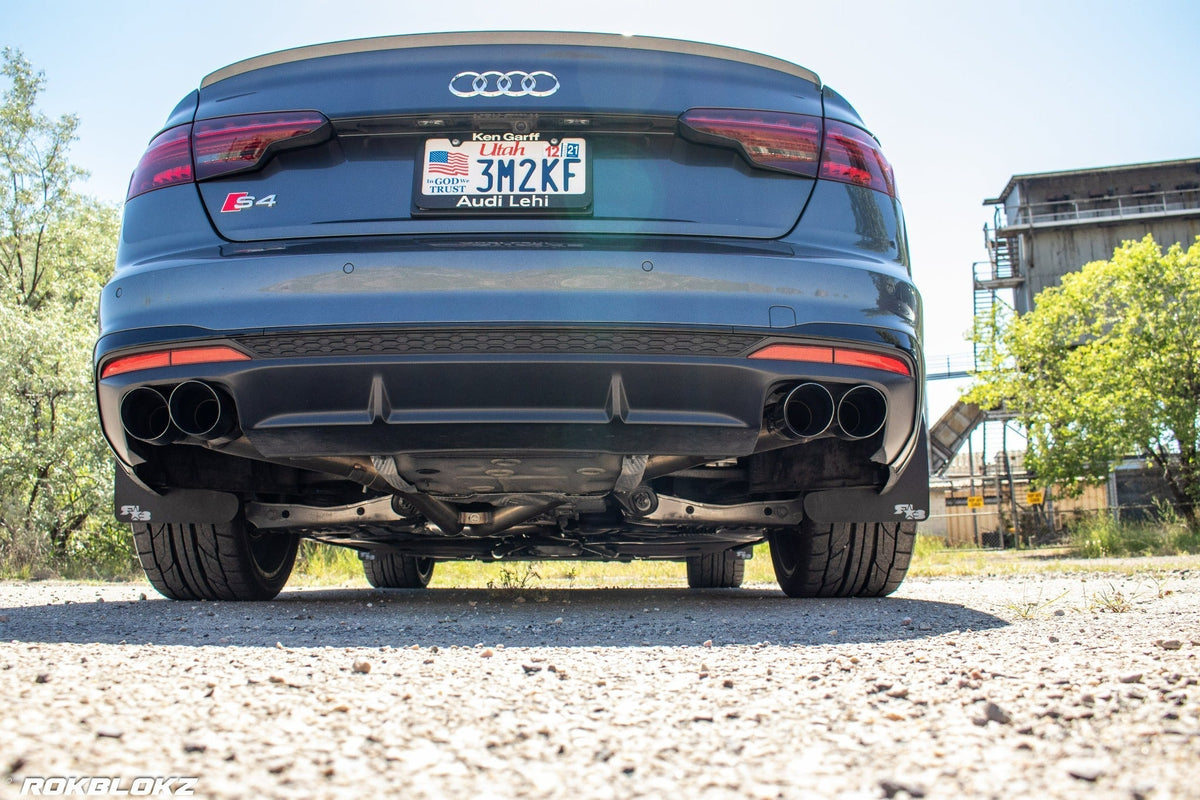 2021 Audi S4 featuring Rokblokz Rally Style Mud flaps in Black with Grey logo