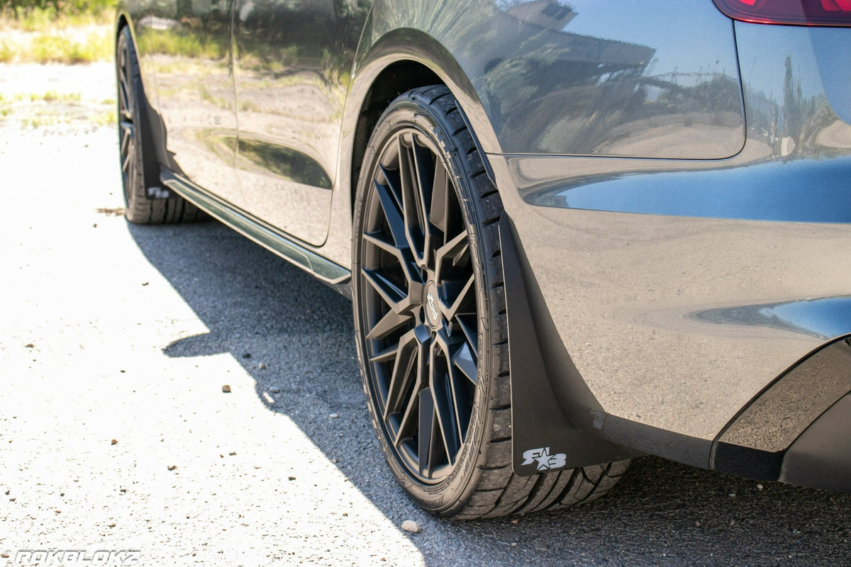 2021 Audi S4 featuring Rokblokz Rally Style Mud flaps in Black with Grey logo