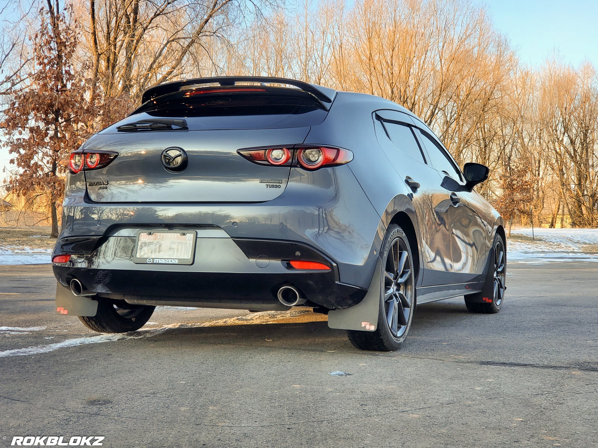 2021 AWD Mazda3 Turbo Featuring Rokblokz Mud Flaps in Black w/ red logo Original length