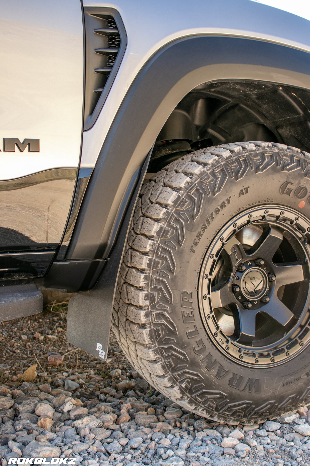 2021 Ram 1500 TRX featuring Rokblokz Mud Flaps Black w/ Grey Logo in Original size