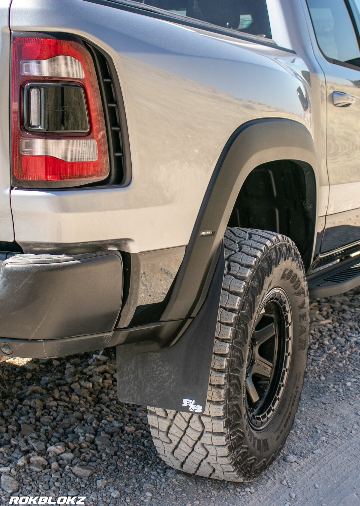 2021 Ram 1500 TRX featuring Rokblokz Mud Flaps Black w/ Grey Logo in Original size