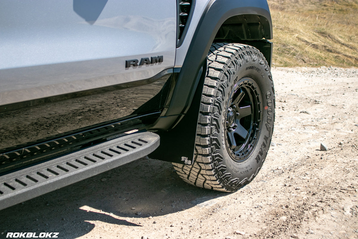 2021 Ram 1500 TRX featuring Rokblokz Mud Flaps Black w/ Grey Logo in Original size