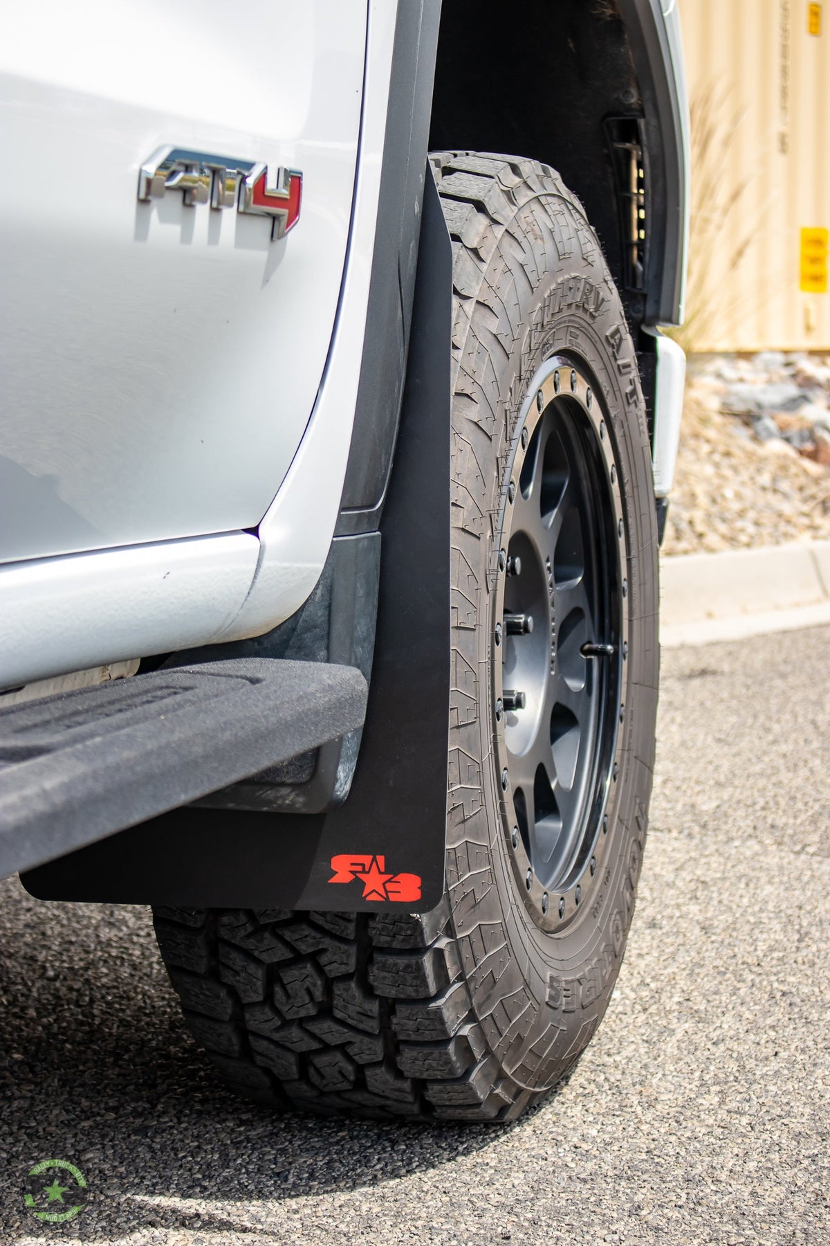 2022 GMC Sierra Ft. Rokblokz Mud Flaps in Original - Front up close