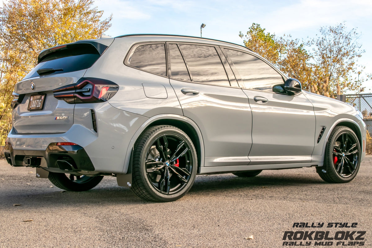 2023 BMW X3 M featuring Rokblokz Rally Mud flaps 3/4 view