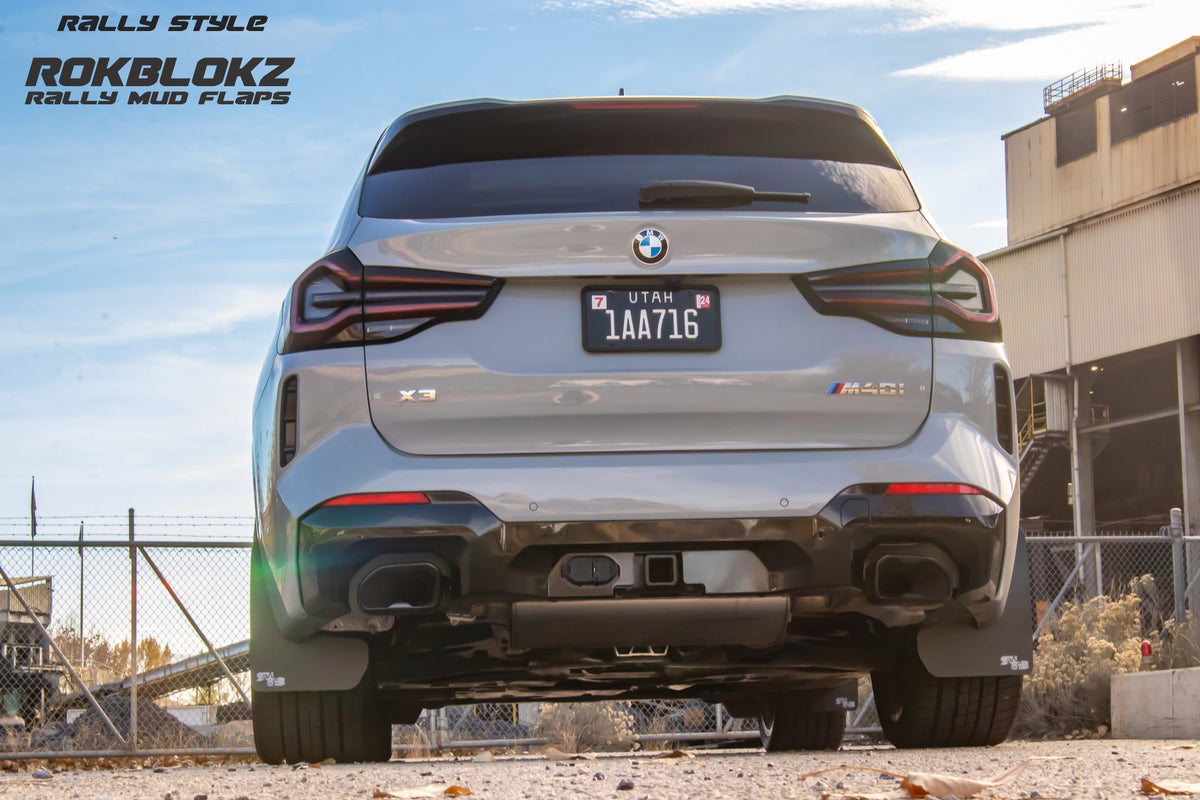 2023 BMW X3 M featuring Rokblokz Rally Mud flaps, back view