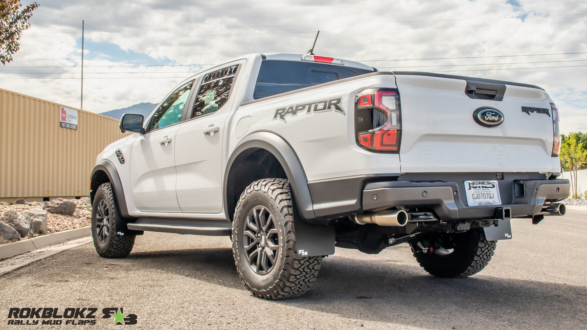 2024 Ford Ranger Raptor Featuring Rokblokz Mud Flaps - rear 3/4 view